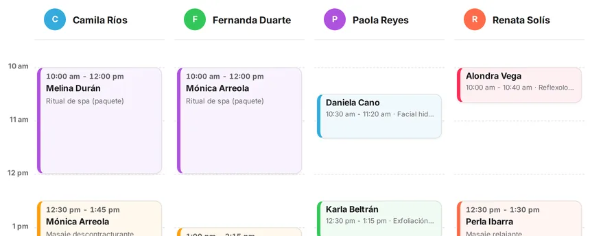 Vista Día real del spa demo Aura en AgendaMaestra, con una columna por terapeuta
