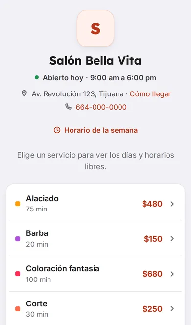 Página de reservas real del salón demo Bella Vita en AgendaMaestra, con servicios, duración y precios