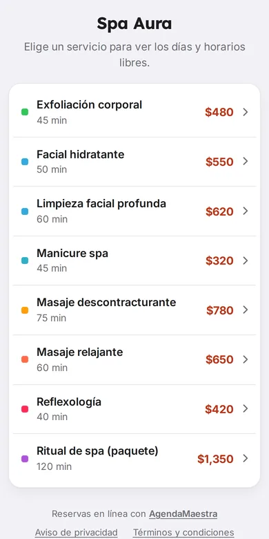 Página de reservas real de Spa Aura en AgendaMaestra, con sus servicios, precios y duración