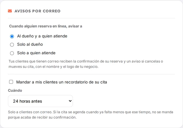 Configuración real de avisos por correo y recordatorios en Mi negocio de AgendaMaestra