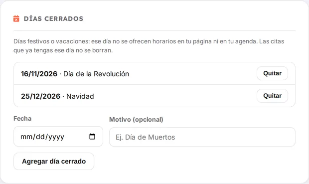 Días cerrados reales en Mi negocio de AgendaMaestra, con Día de la Revolución y Navidad