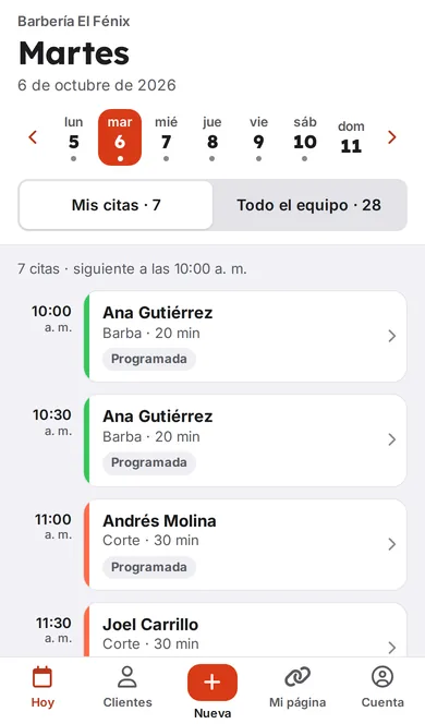 Pantalla Hoy real de AgendaMaestra en el celular, con las citas del día de Barbería El Fénix