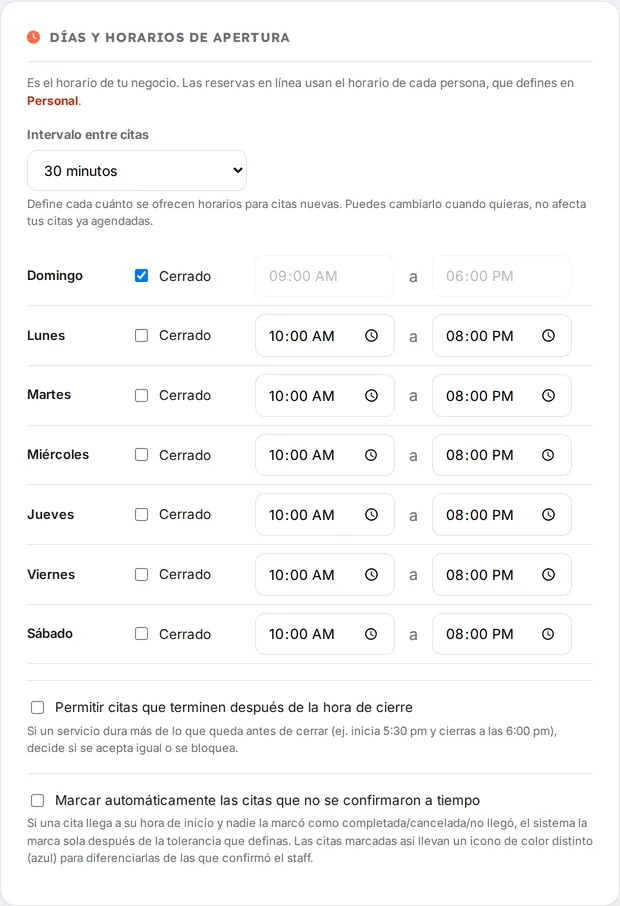 Configuración real de reglas de reserva en línea en Mi negocio de AgendaMaestra